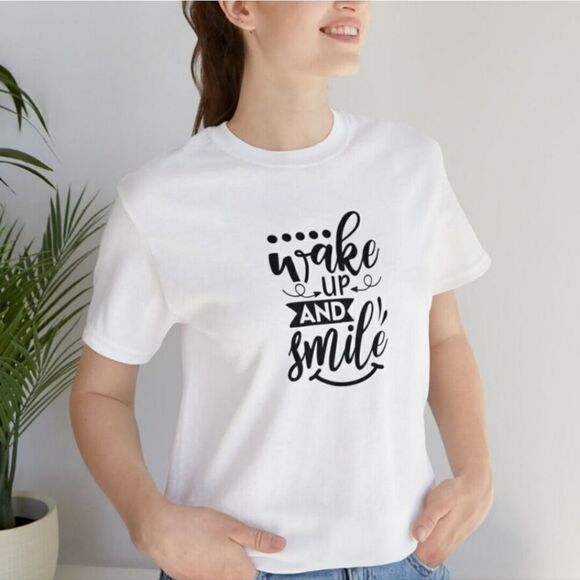 Wake Up and Smile Women's Short Sleeve Cotton T-Shirt with inspirational message - Picture 4 of 4